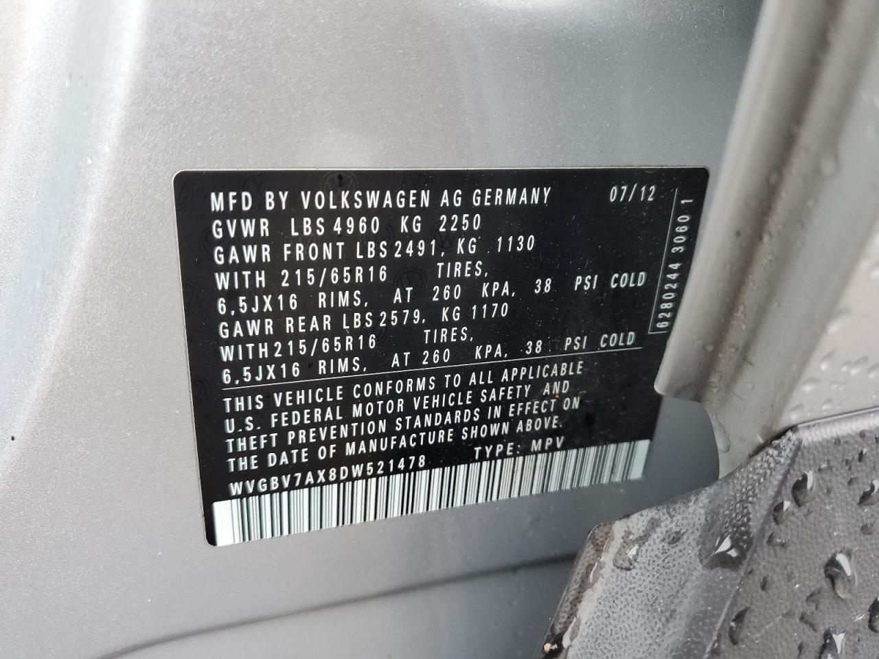 2013 Volkswagen Tiguan S VIN: WVGBV7AX8DW521478 Lot: 59664935