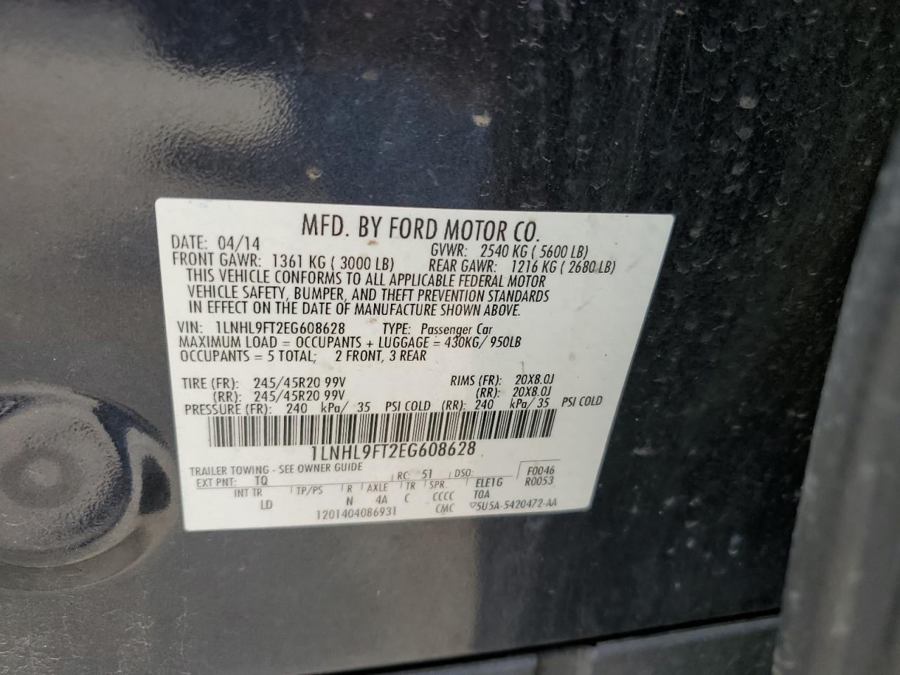 2014 Lincoln Mks VIN: 1LNHL9FT2EG608628 Lot: 58907985