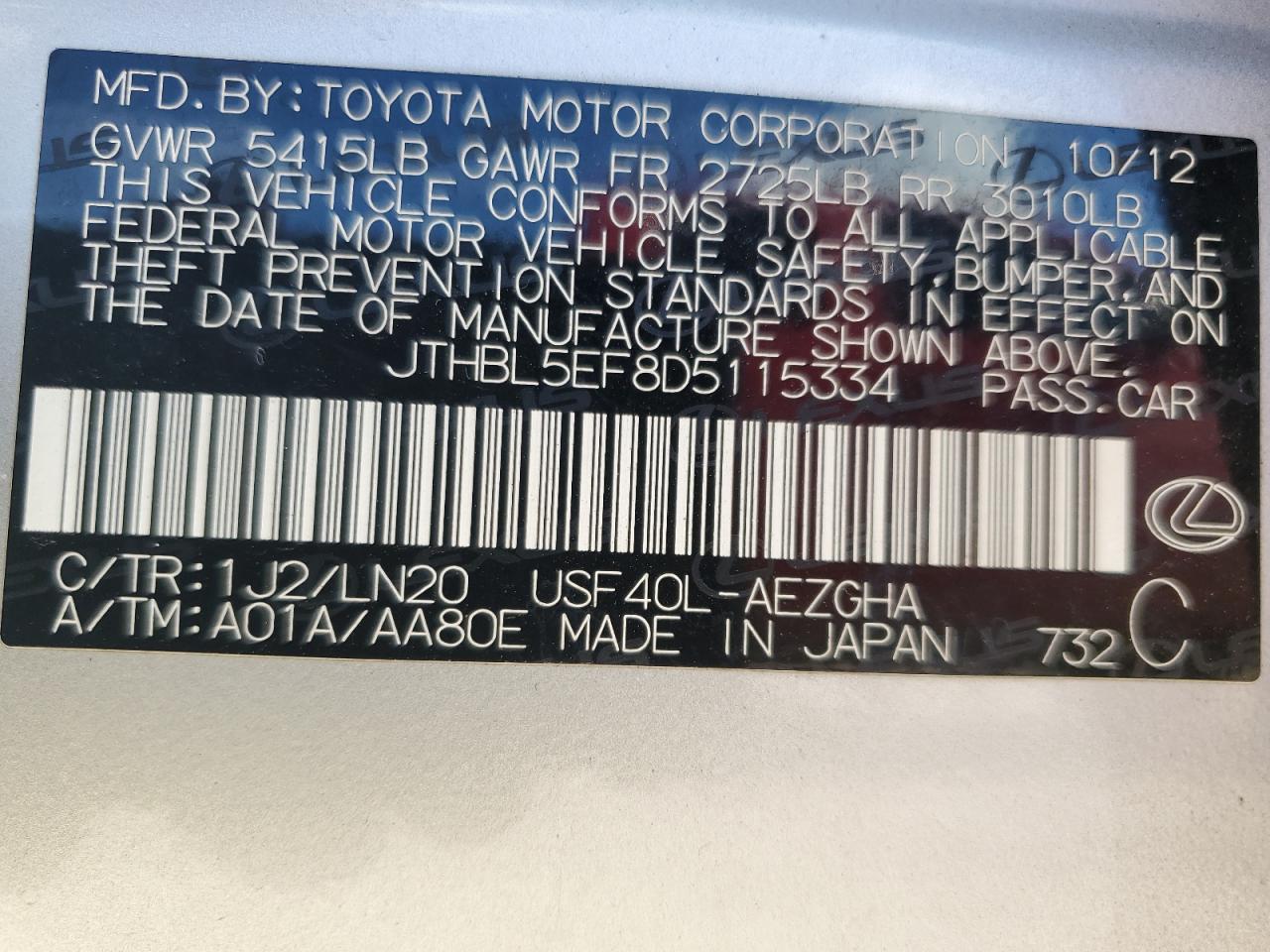 2013 Lexus Ls 460 VIN: JTHBL5EF8D5115334 Lot: 60726075