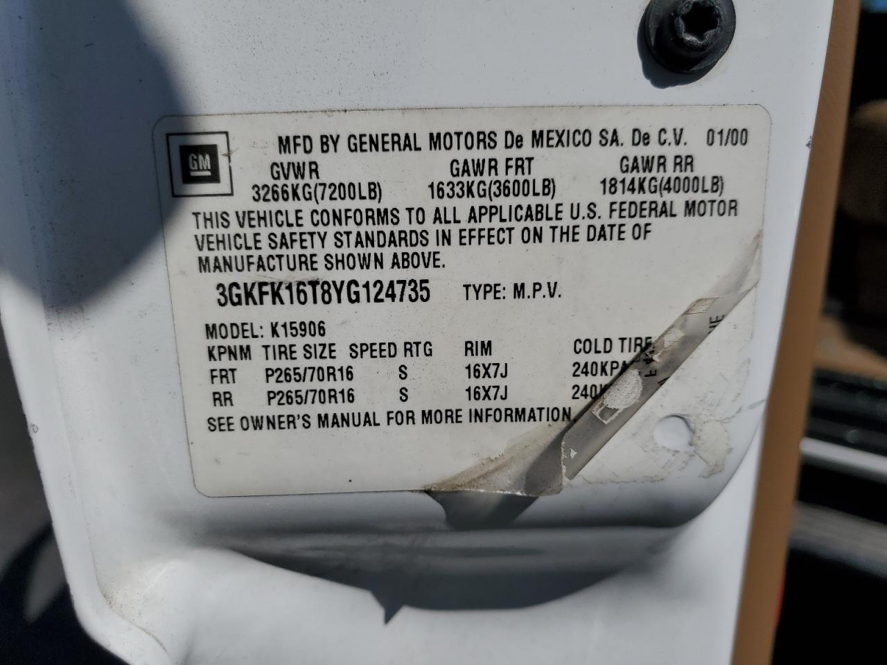 2000 GMC Yukon Xl K1500 VIN: 3GKFK16T8YG124735 Lot: 62940885