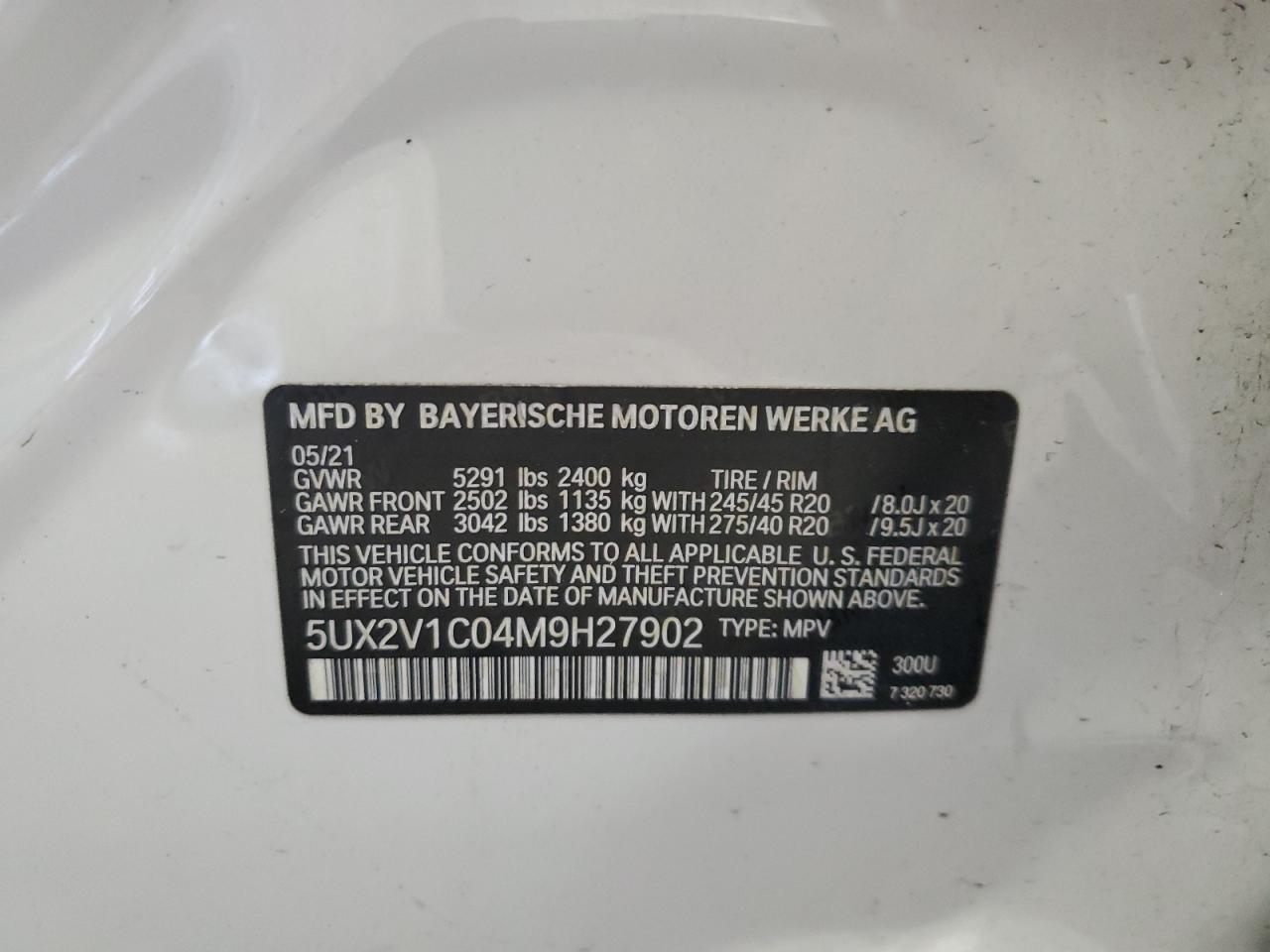 2021 BMW X4 xDrive30I VIN: 5UX2V1C04M9H27902 Lot: 62317125