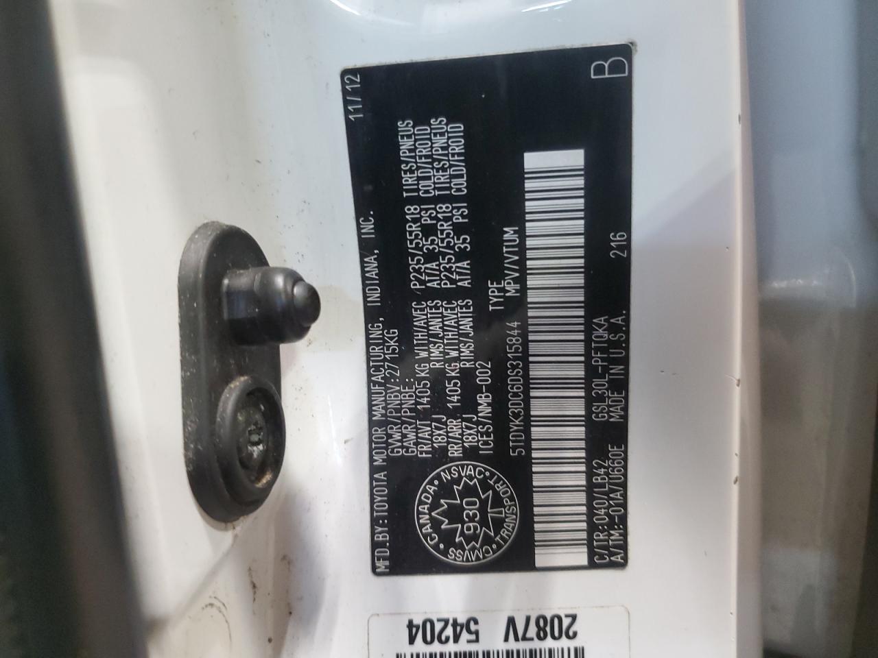 TOYOTA All Models 2013 VIN 5TDYK3DC6DS315844 фото 13