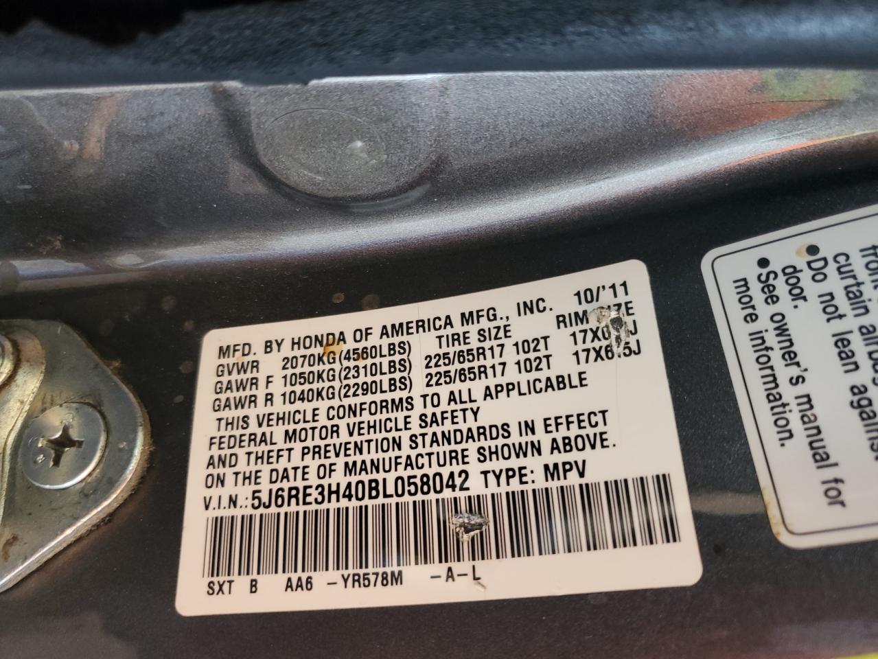 HONDA CRV 2011 VIN 5J6RE3H40BL058042 фото 12