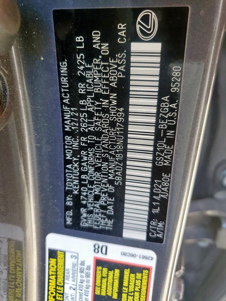 2022 Lexus Es 350 Base VIN: 58ADZ1B18NU117994 Lot: 61241435