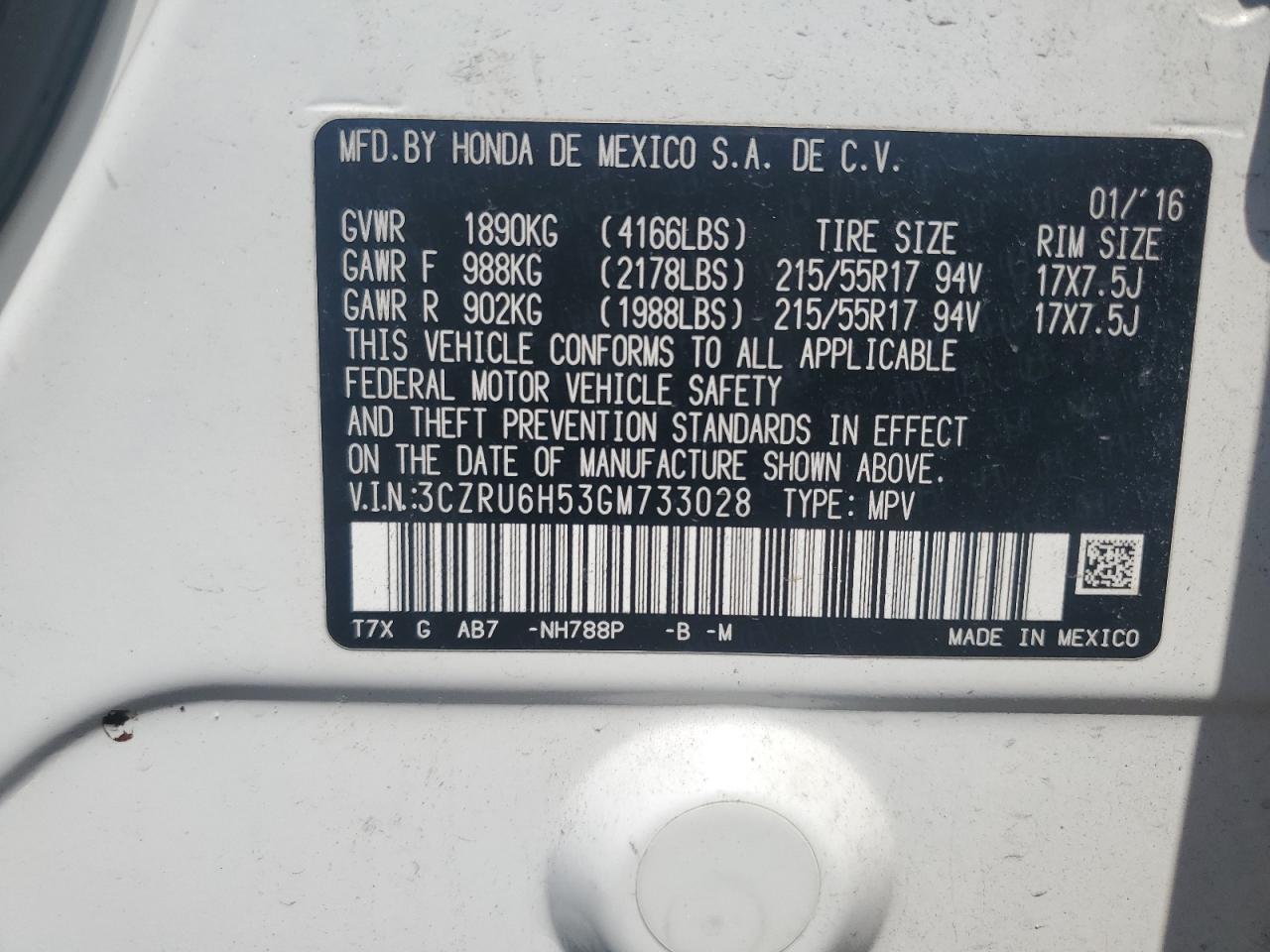 2016 Honda Hr-V Ex VIN: 3CZRU6H53GM733028 Lot: 61177715