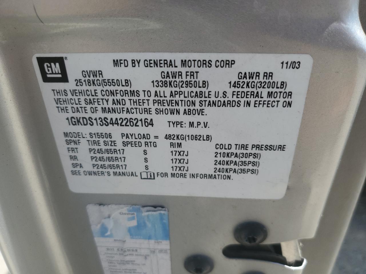 2004 GMC Envoy VIN: 1GKDS13S442262164 Lot: 61822915