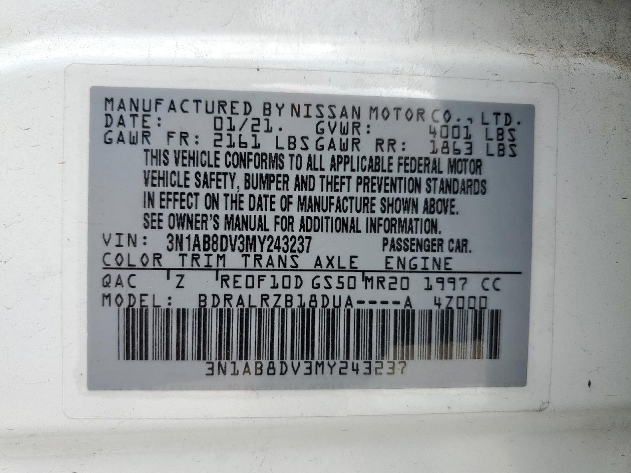 2021 Nissan Sentra Sr VIN: 3N1AB8DV3MY243237 Lot: 63107795