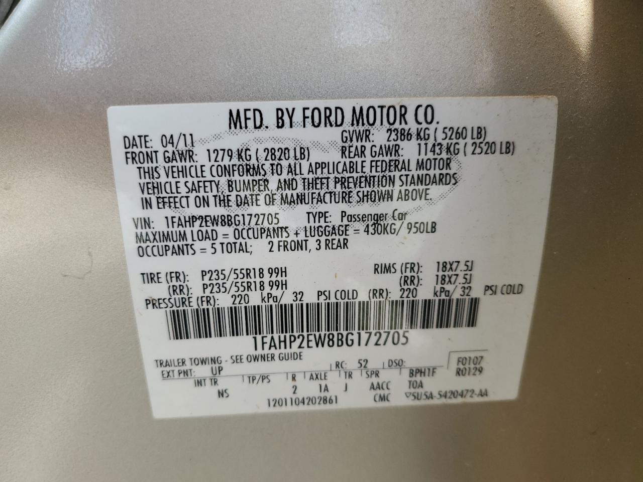 2011 Ford Taurus Sel VIN: 1FAHP2EW8BG172705 Lot: 62499465