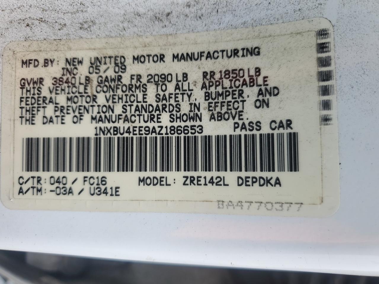 2010 Toyota Corolla Base VIN: 1NXBU4EE9AZ186653 Lot: 62839555