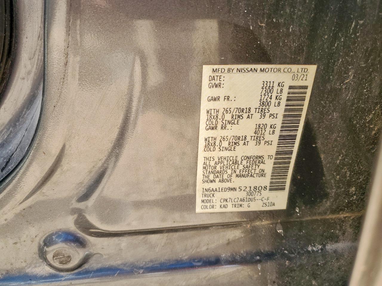 2021 Nissan Titan Sv VIN: 1N6AA1ED9MN521808 Lot: 58806585