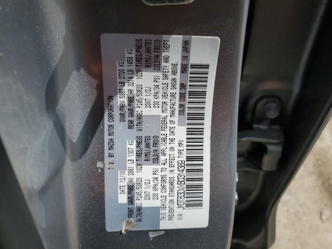 2011 Mazda Cx-9 VIN: JM3TB3DVXB0314389 Lot: 61757825