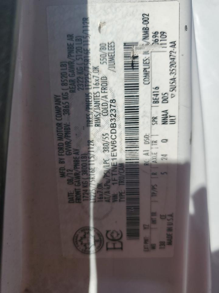 2012 Ford Econoline E150 Van VIN: 1FTNE1EW6CDB32378 Lot: 62727305