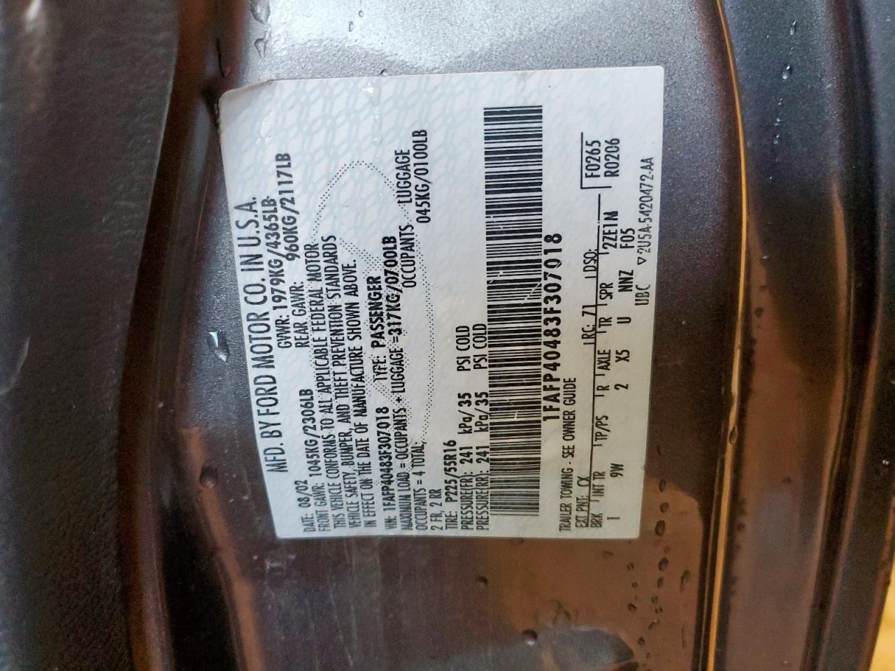 2003 Ford Mustang VIN: 1FAFP40483F307018 Lot: 60787495