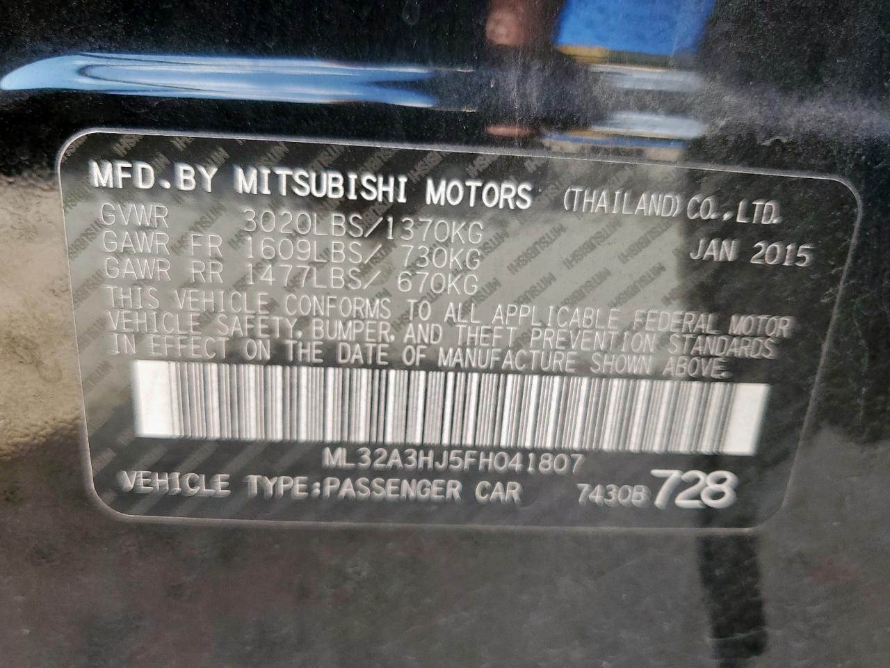 2015 Mitsubishi Mirage De VIN: ML32A3HJ5FH041807 Lot: 61441225