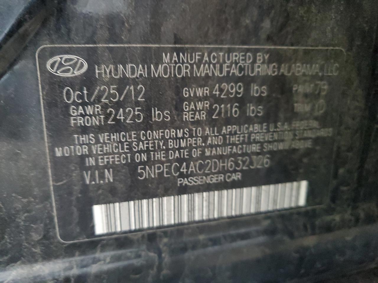 2013 Hyundai Sonata Se VIN: 5NPEC4AC2DH632326 Lot: 62872535