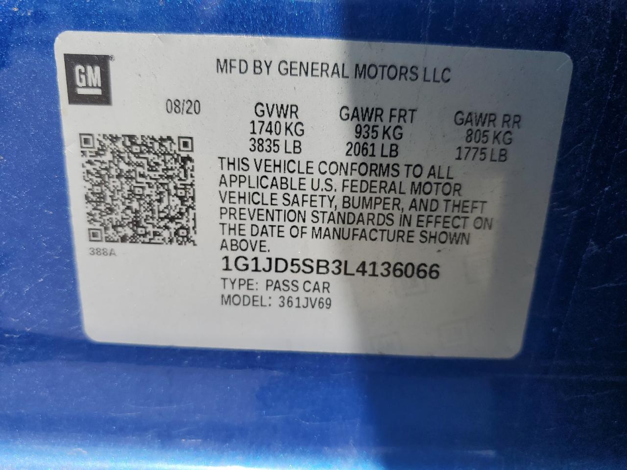 2020 Chevrolet Sonic Lt VIN: 1G1JD5SB3L4136066 Lot: 59329525