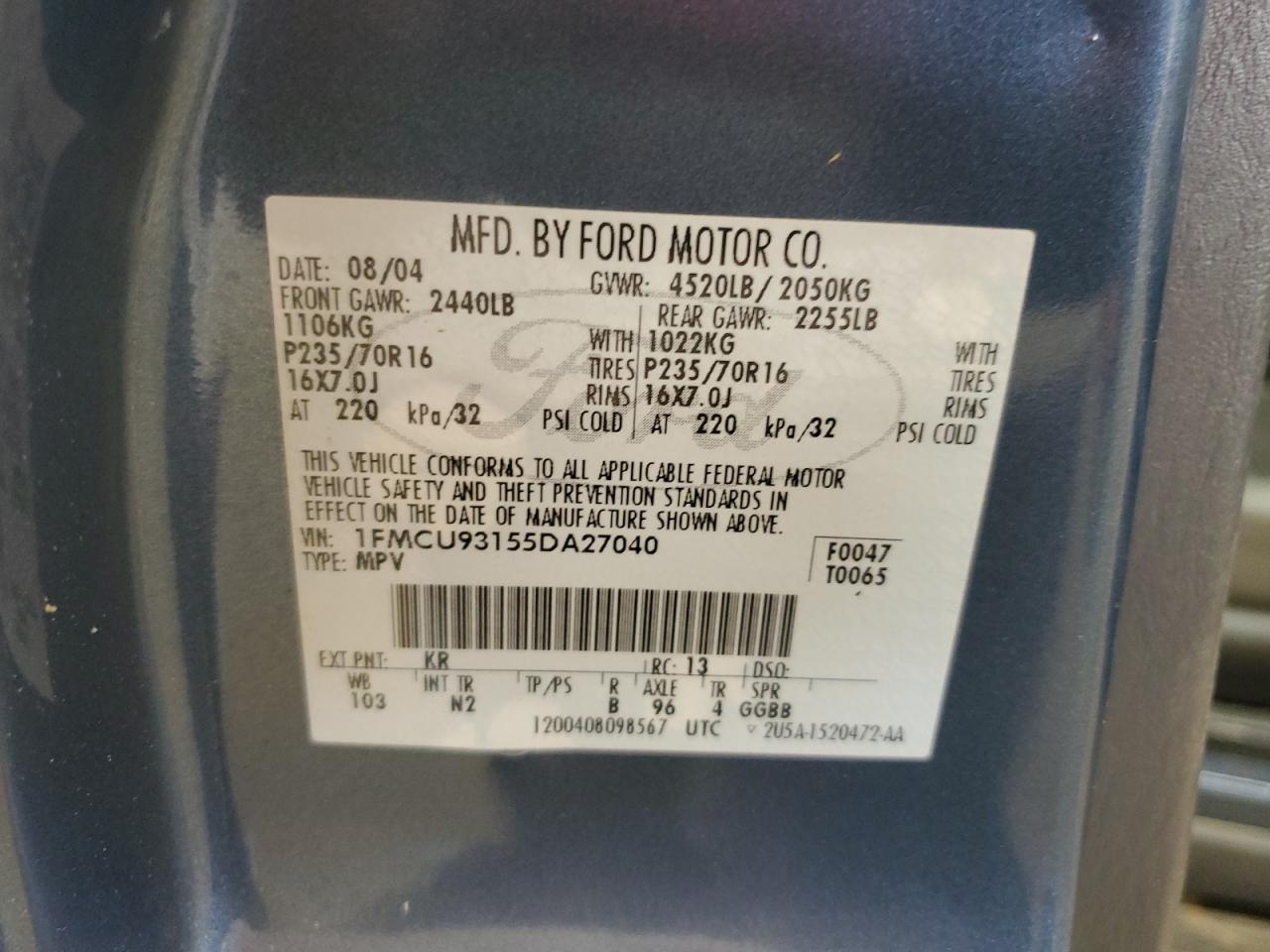 2005 Ford Escape Xlt VIN: 1FMCU93155DA27040 Lot: 62453695