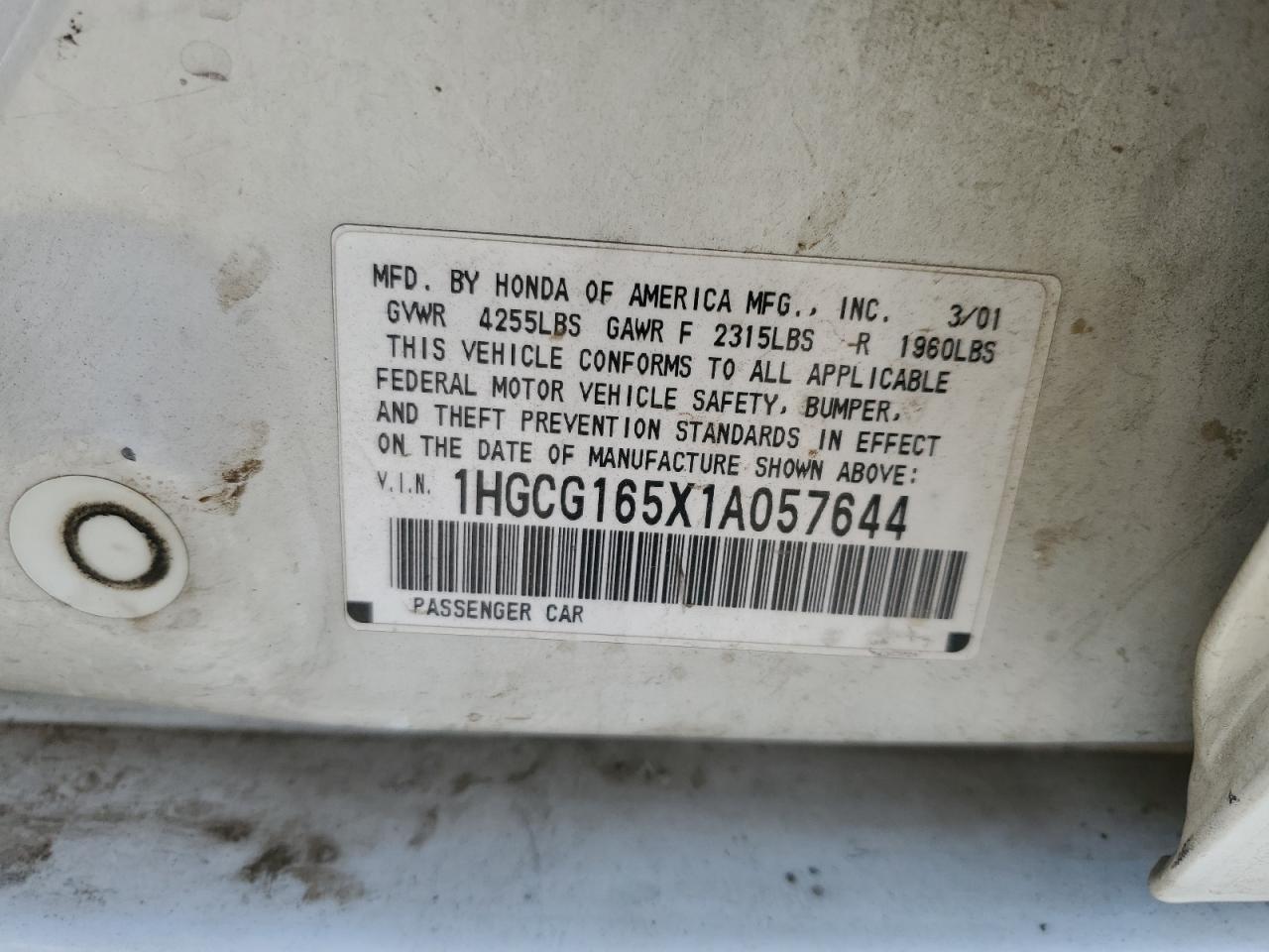 2001 Honda Accord Ex VIN: 1HGCG165X1A057644 Lot: 62521325