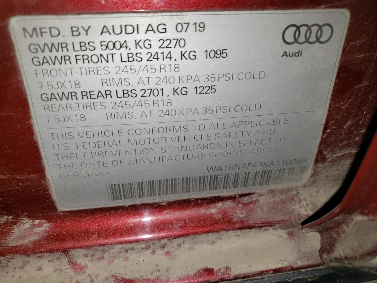 2019 Audi A4 Allroad Premium Plus VIN: WA18NAF44KA110366 Lot: 59638535
