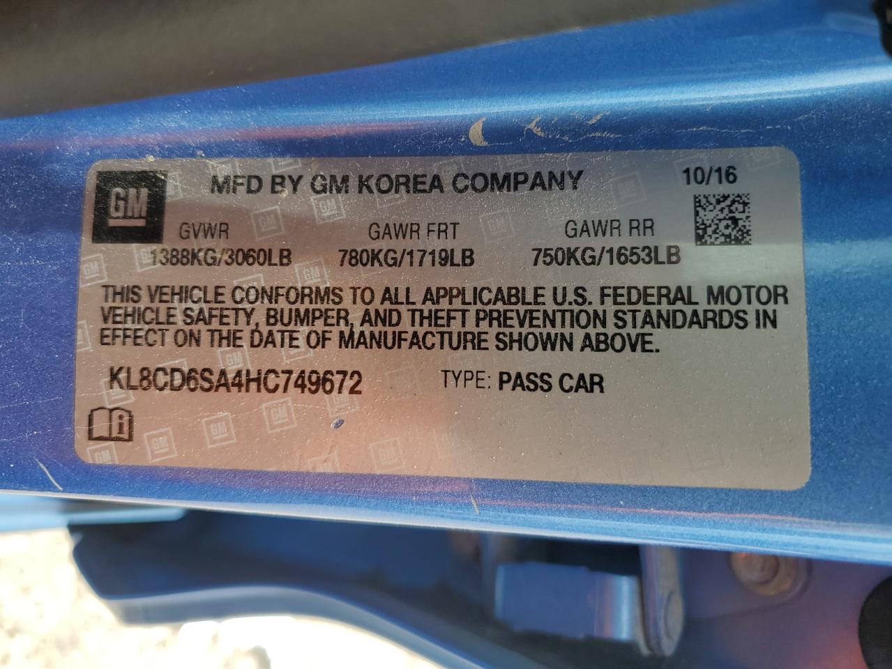 2017 Chevrolet Spark 1Lt VIN: KL8CD6SA4HC749672 Lot: 61295005