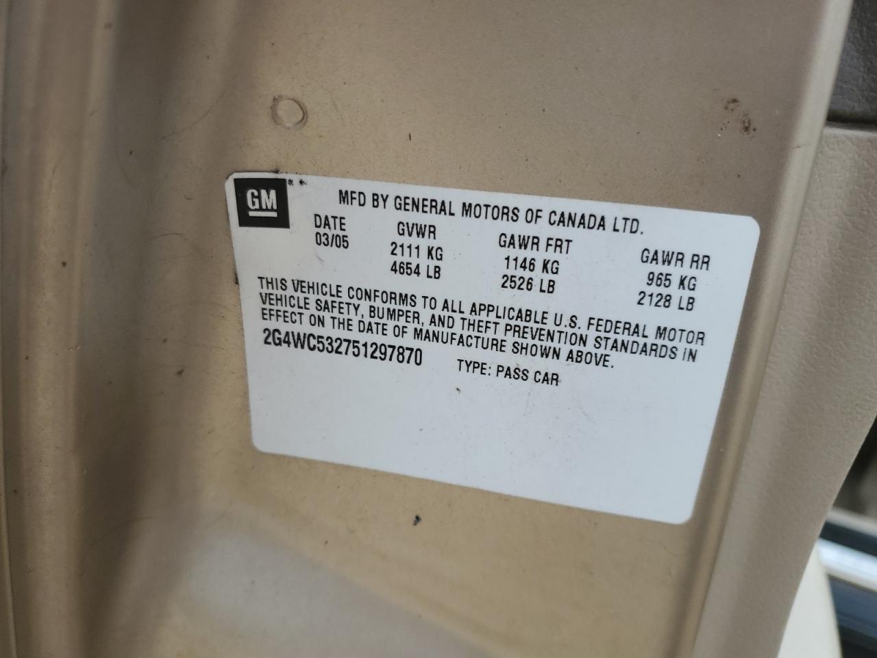 2005 Buick Lacrosse Cx VIN: 2G4WC532751297870 Lot: 62760645