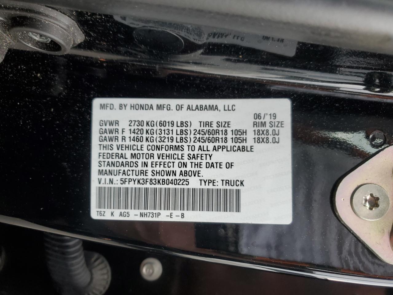 2019 Honda Ridgeline Black Edition VIN: 5FPYK3F83KB040225 Lot: 63055515