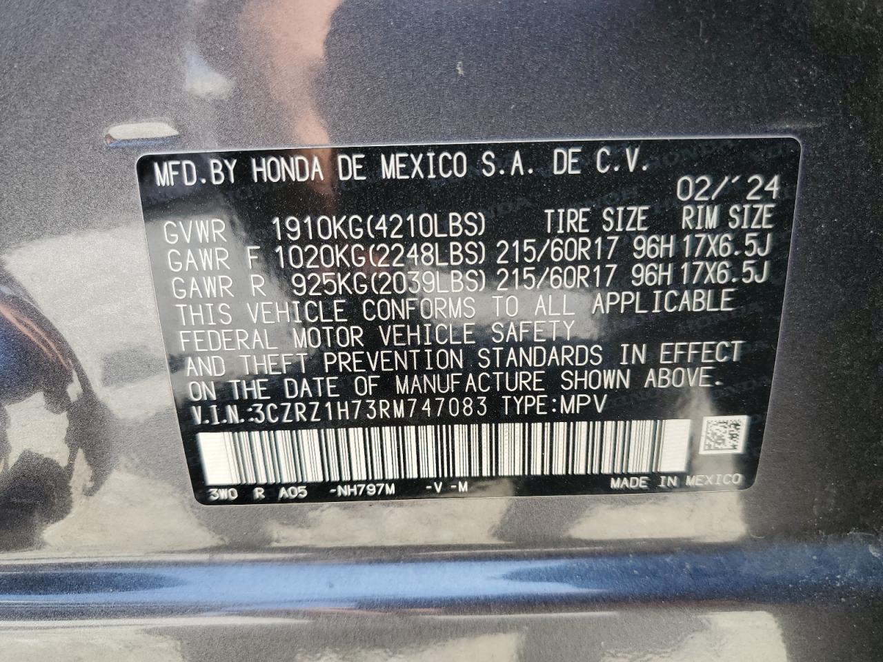 HONDA HR-V 2024 VIN 3CZRZ1H73RM747083 zdjęcie 13