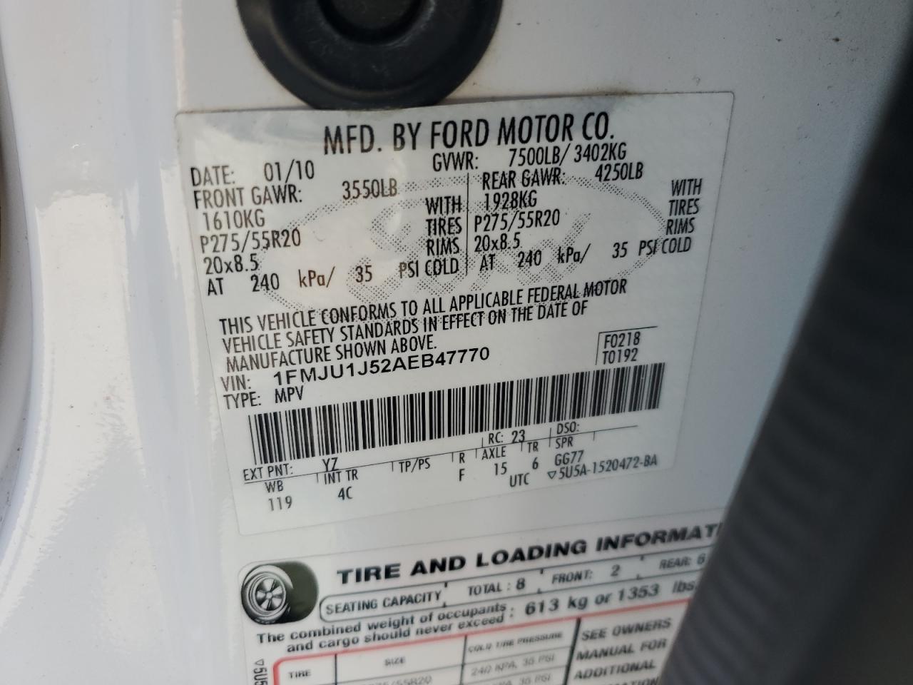 2010 Ford Expedition Eddie Bauer VIN: 1FMJU1J52AEB47770 Lot: 62053935