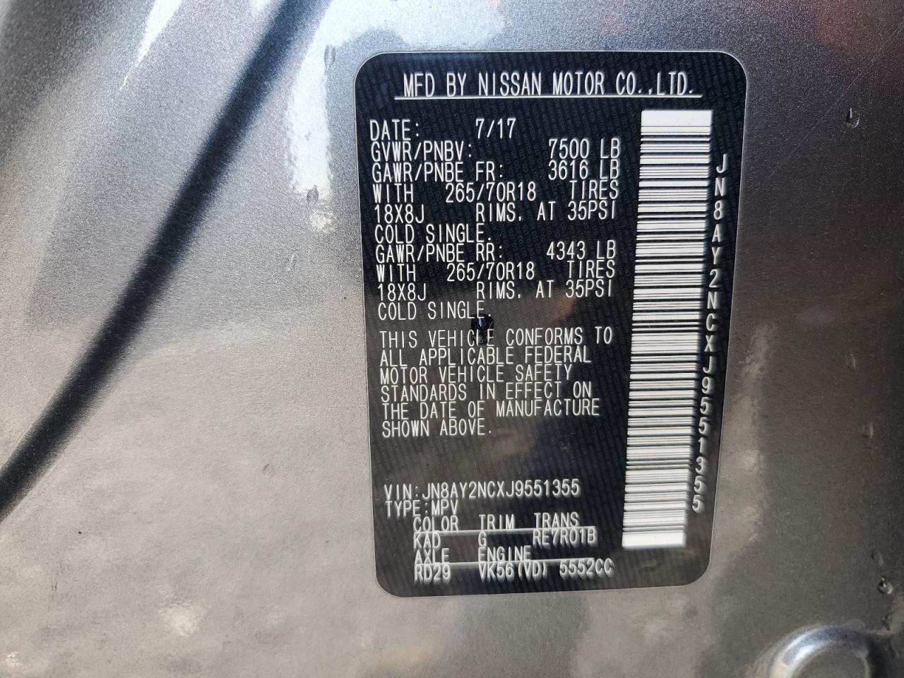 2018 Nissan Armada Sv VIN: JN8AY2NCXJ9551355 Lot: 61447655