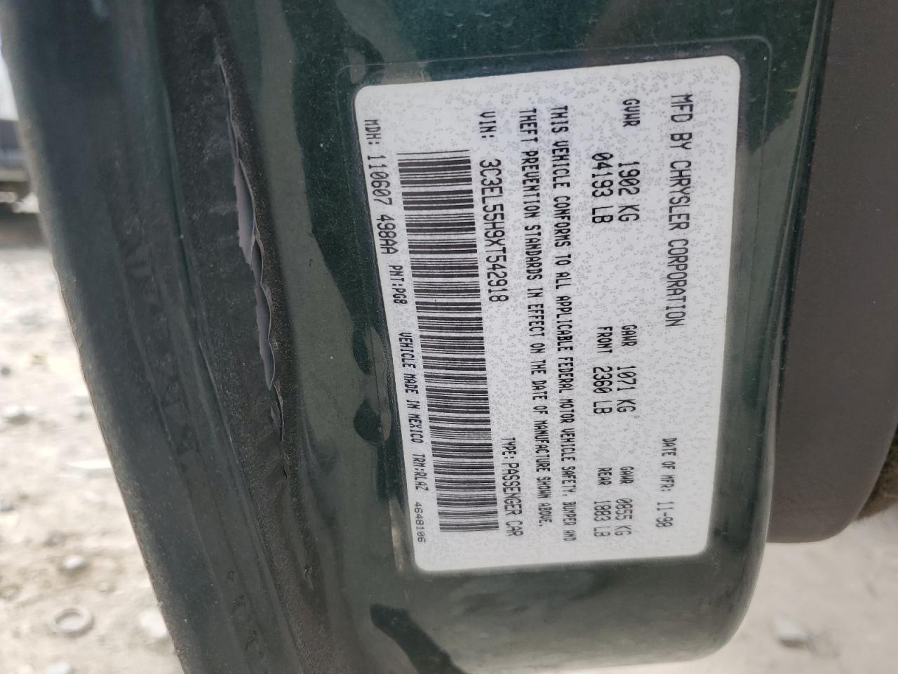1999 Chrysler Sebring Jxi VIN: 3C3EL55H9XT542918 Lot: 62585595