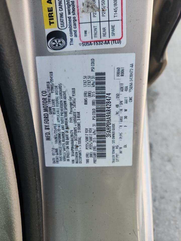 2010 Ford Fusion Se VIN: 3FAHP0HA9AR428474 Lot: 61786285