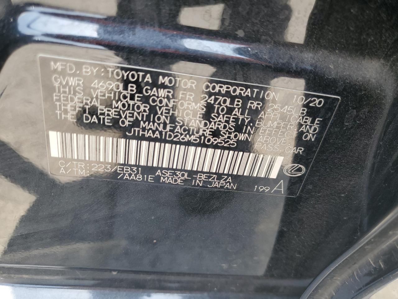 2021 Lexus Is 300 VIN: JTHAA1D26M5109525 Lot: 59780165