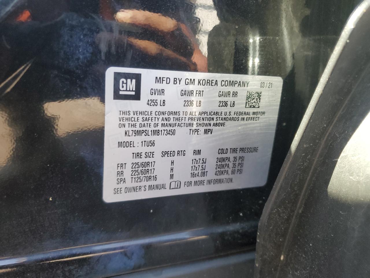 VIN: KL79MPSL1MB173450 2021 CHEVROLET TRAILBLZR