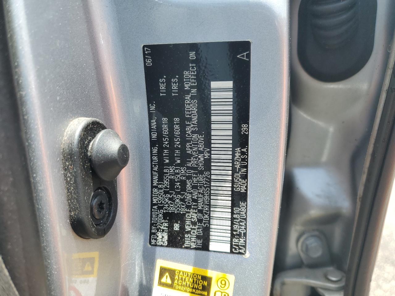 2017 Toyota Highlander Se VIN: 5TDKZRFH9HS517726 Lot: 62833065