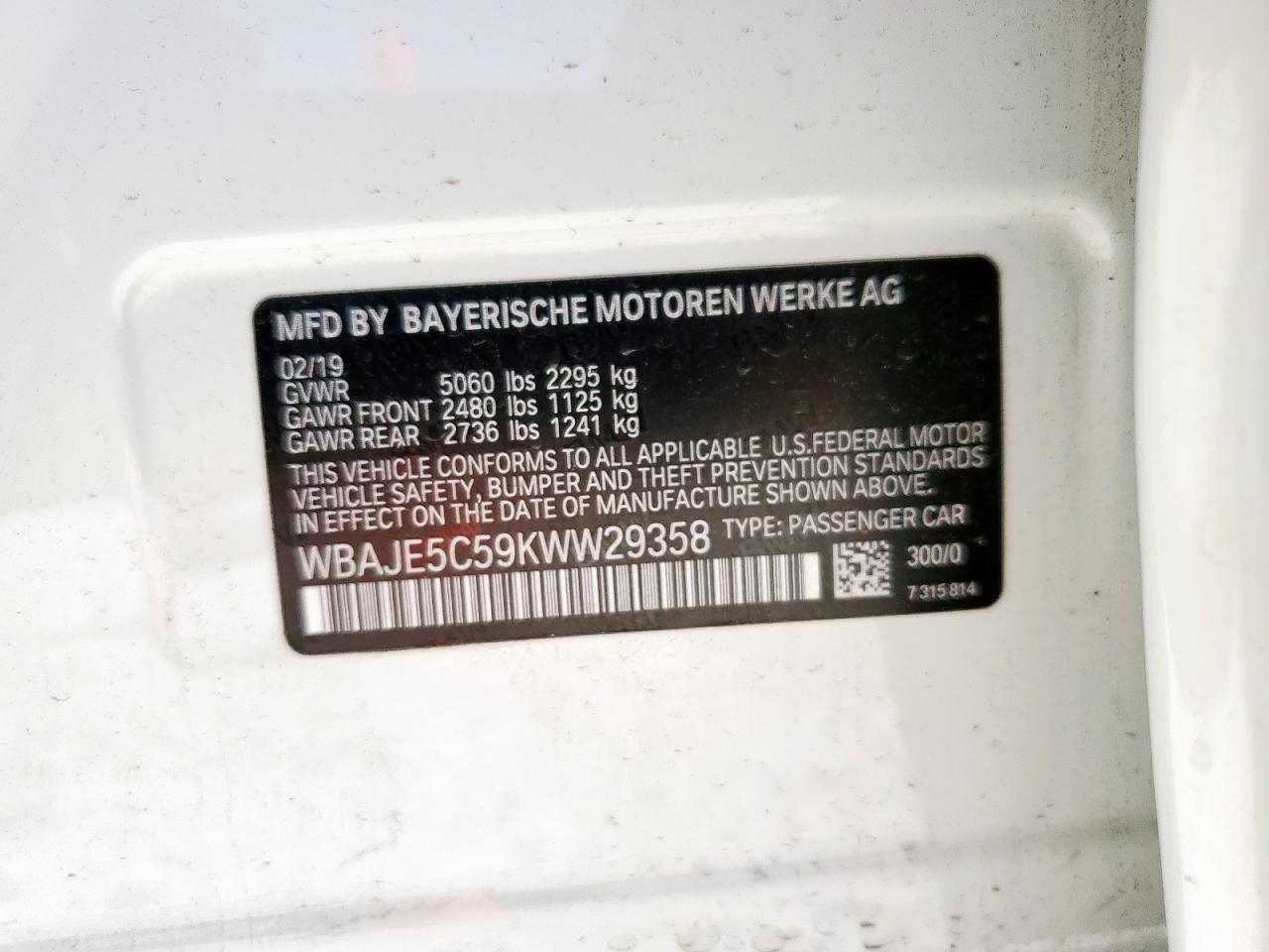 2019 BMW 540 I VIN: WBAJE5C59KWW29358 Lot: 61402825