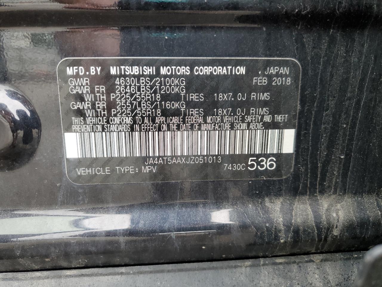 2018 Mitsubishi Eclipse Cross Se VIN: JA4AT5AAXJZ051013 Lot: 62738635