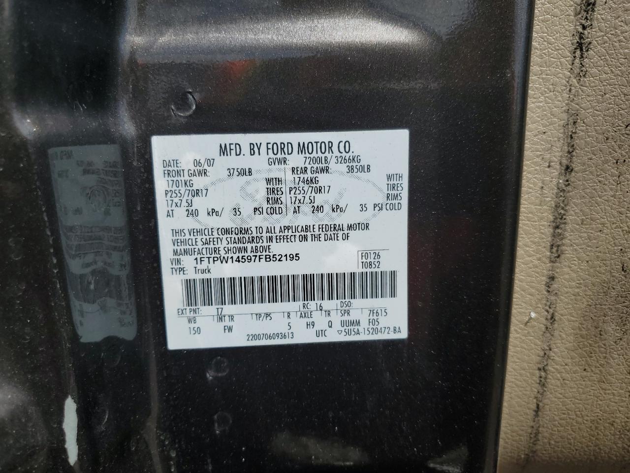 2007 Ford F150 Supercrew VIN: 1FTPW14597FB52195 Lot: 60293995