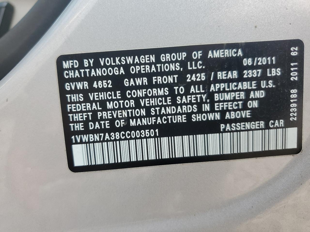 2012 Volkswagen Passat Se VIN: 1VWBN7A38CC003501 Lot: 58053765