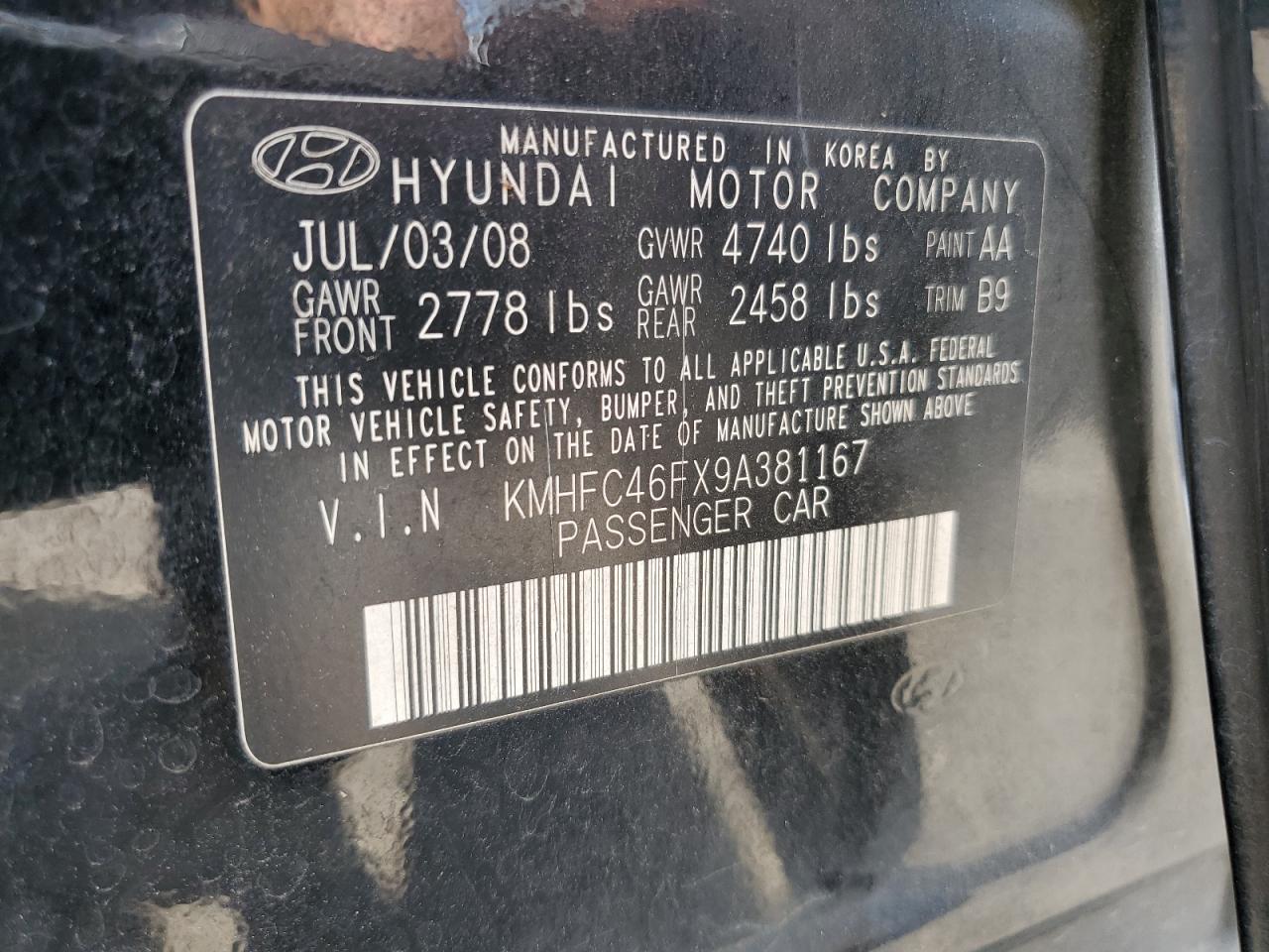 2009 Hyundai Azera Se VIN: KMHFC46FX9A381167 Lot: 61723195
