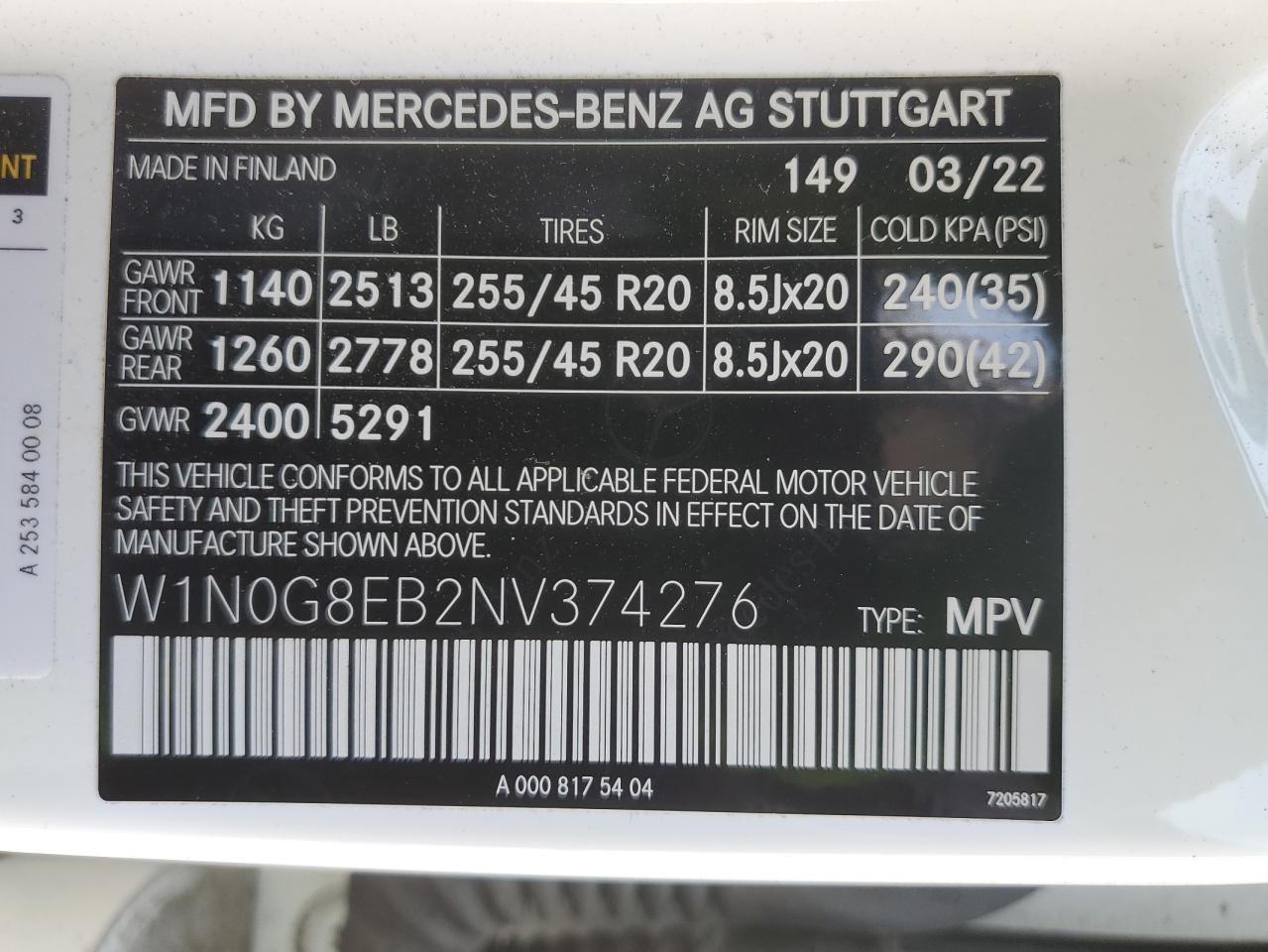 2022 Mercedes-Benz Glc 300 4Matic VIN: W1N0G8EB2NV374276 Lot: 62184115