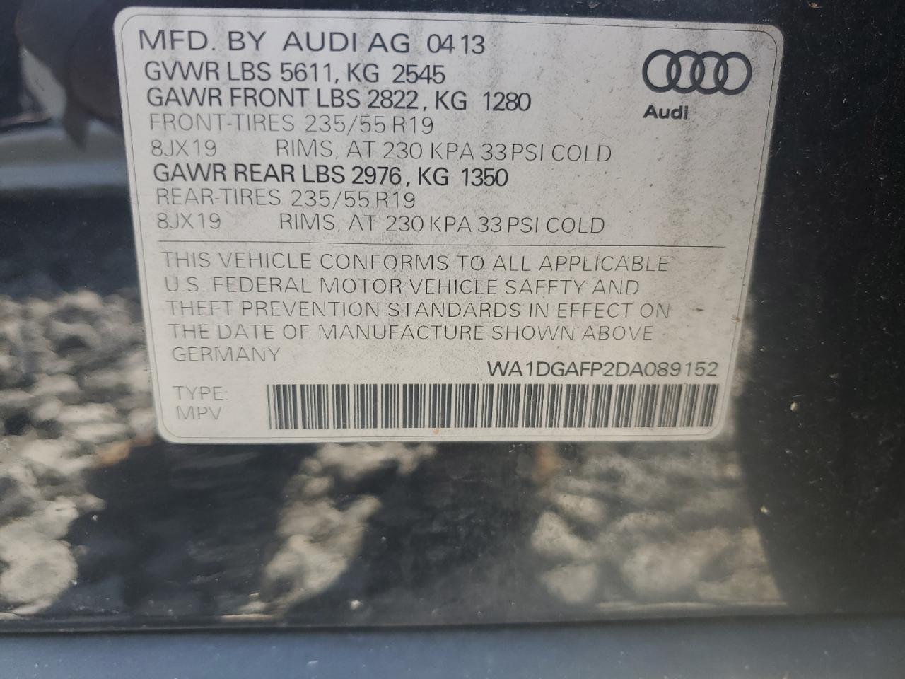 2013 Audi Q5 Premium Plus VIN: WA1DGAFP2DA089152 Lot: 61223995
