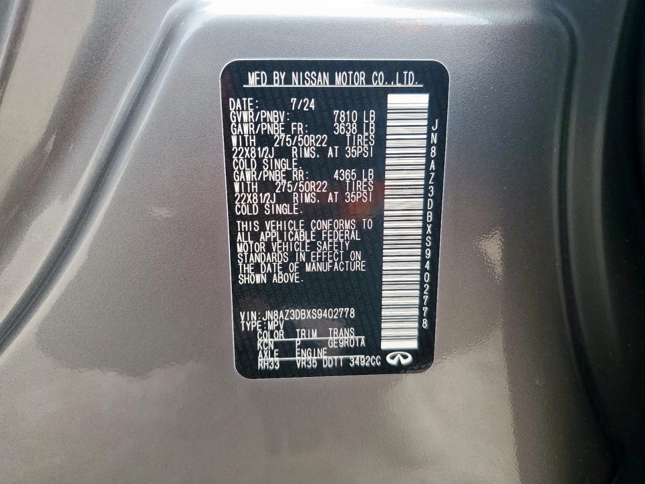 2025 Infiniti Qx80 Sensory VIN: JN8AZ3DBXS9402778 Lot: 61817465
