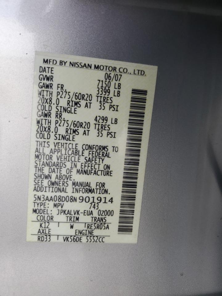 2008 Infiniti Qx56 VIN: 5N3AA08D08N901914 Lot: 62106545