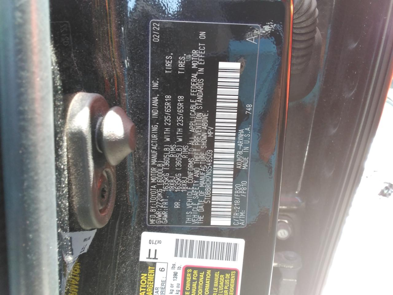 2022 Toyota Highlander Hybrid Le VIN: 5TDBBRCH7NS548509 Lot: 61155555