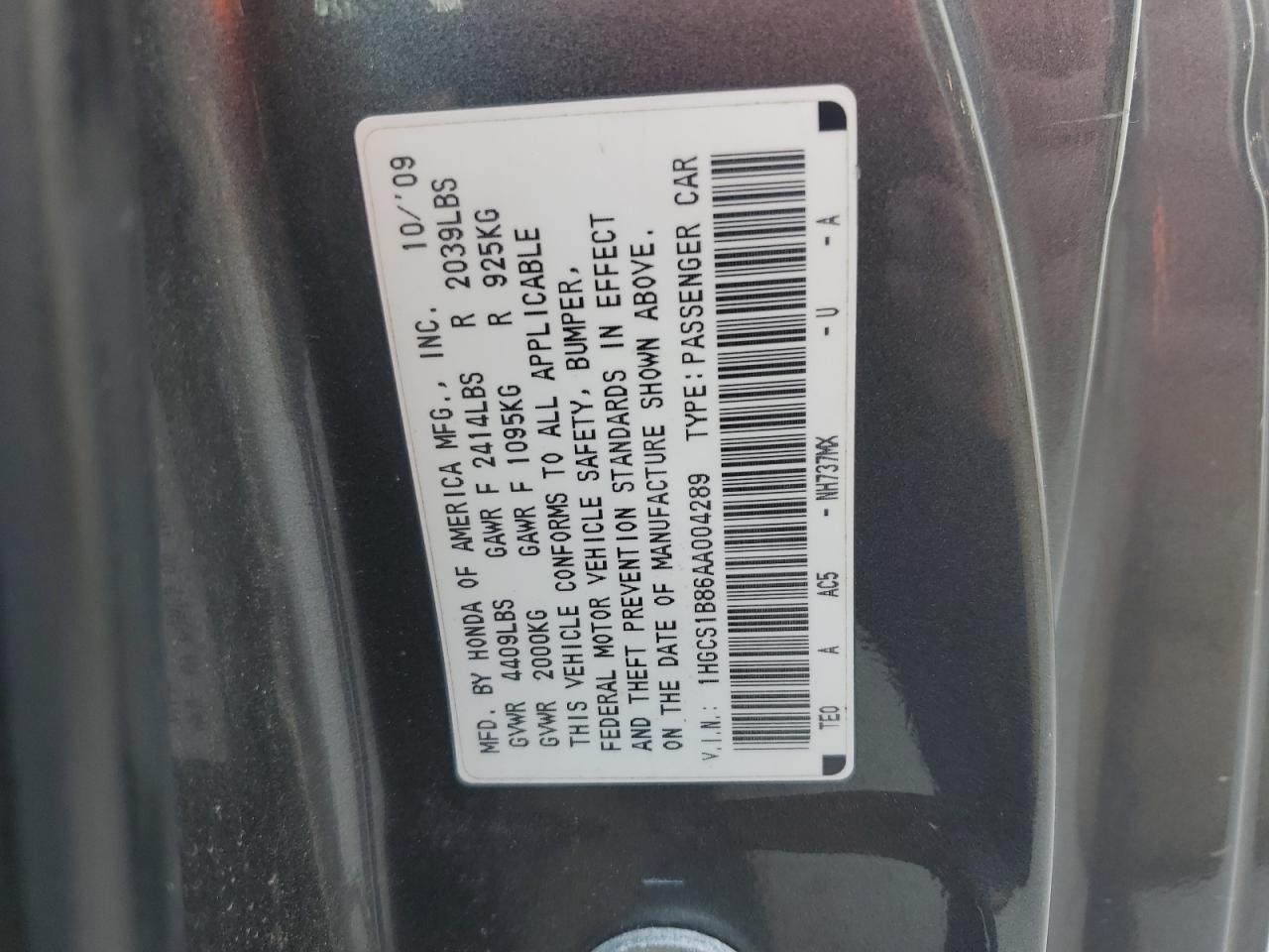 2010 Honda Accord Exl VIN: 1HGCS1B86AA004289 Lot: 60631955