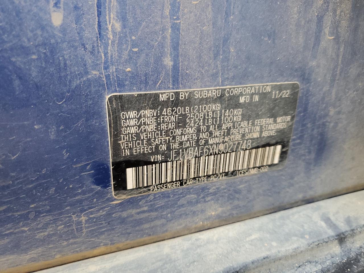 2022 Subaru Wrx Premium VIN: JF1VBAF6XN9027748 Lot: 61966665
