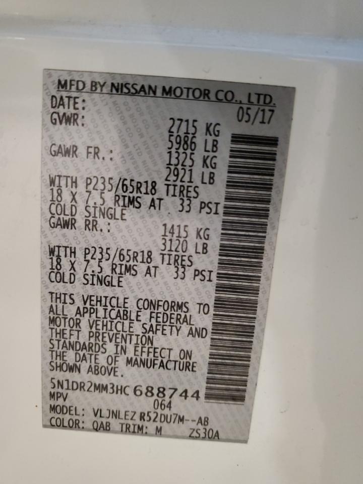 2017 Nissan Pathfinder S VIN: 5N1DR2MM3HC688744 Lot: 62030485