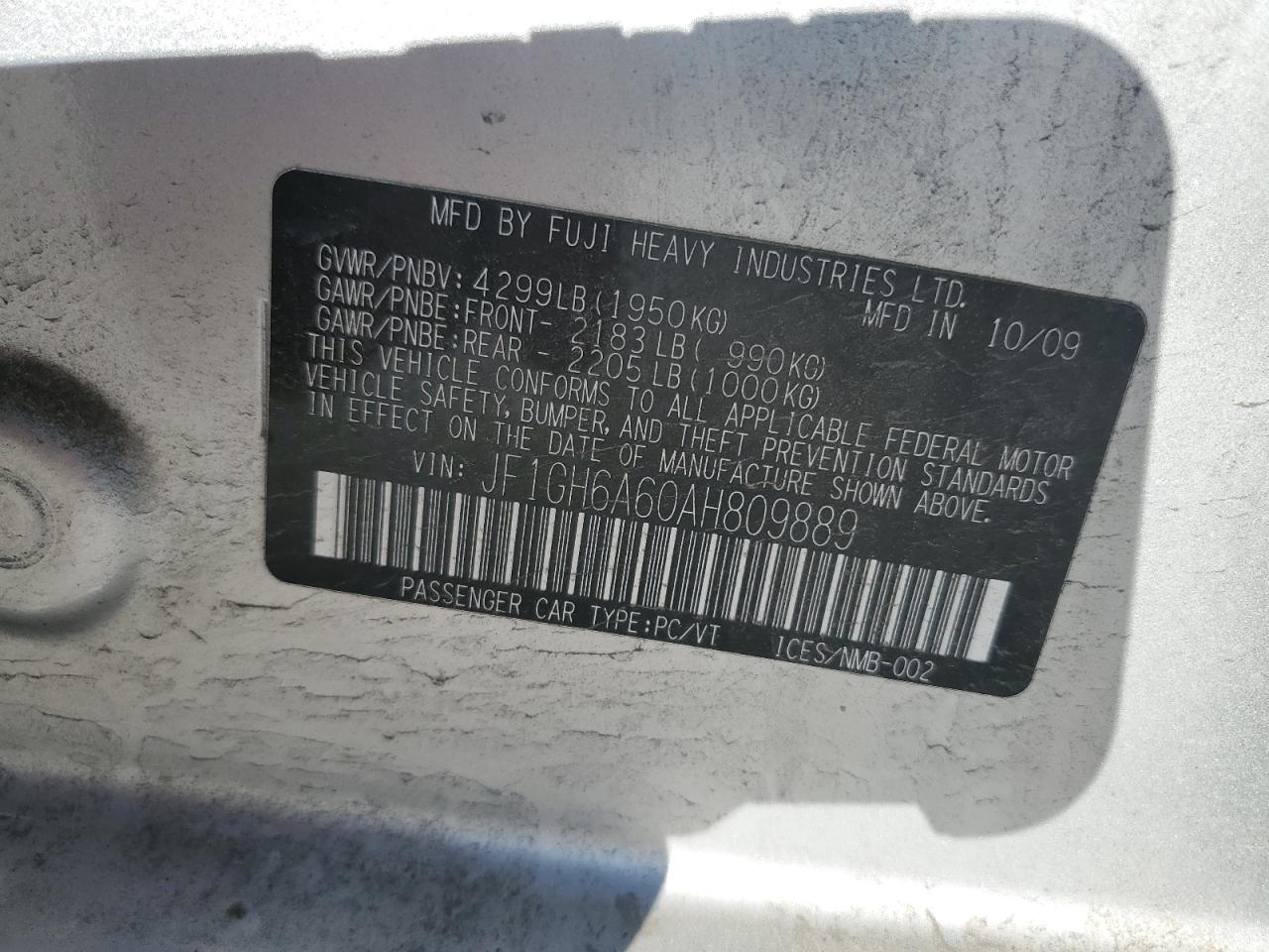 2010 Subaru Impreza 2.5I VIN: JF1GH6A60AH809889 Lot: 59973615