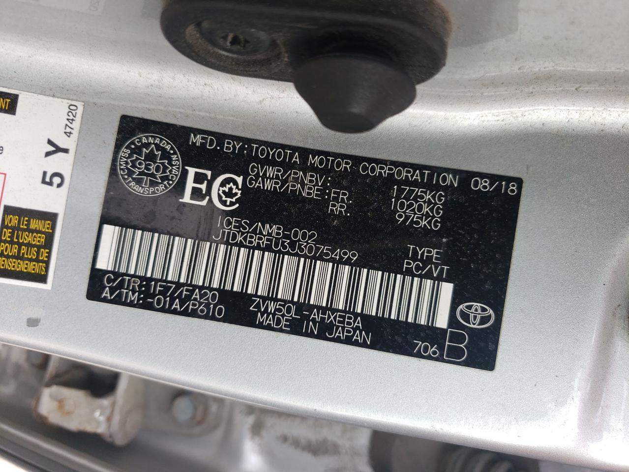 2018 Toyota Prius VIN: JTDKBRFU3J3075499 Lot: 62358715