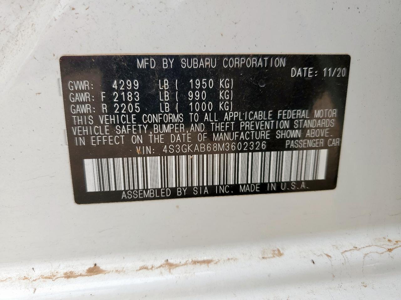 2021 Subaru Impreza VIN: 4S3GKAB68M3602326 Lot: 62389105